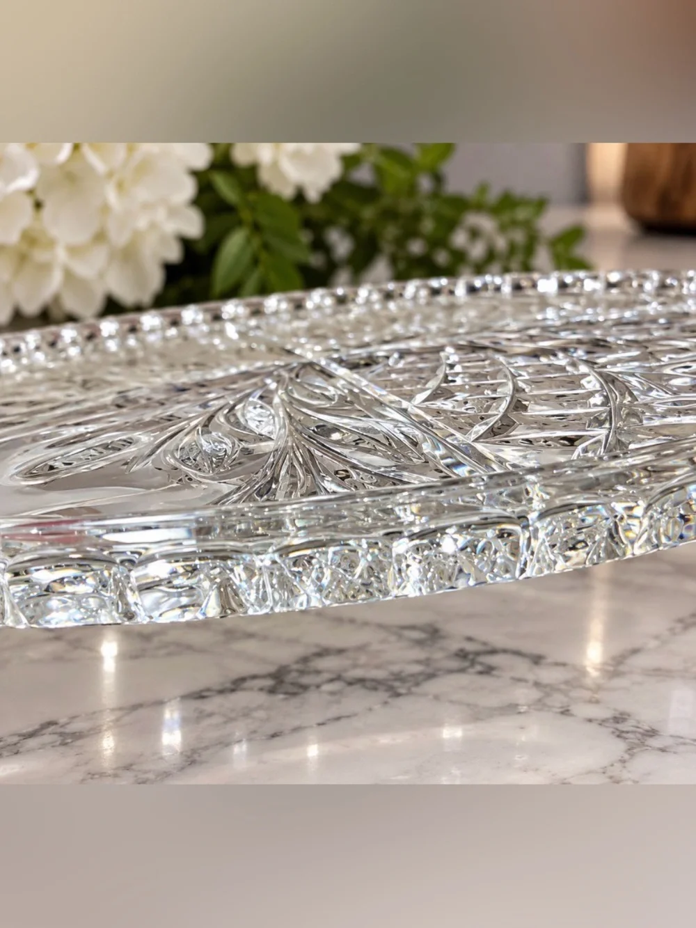 Vintage 3-Footed Cut Glass Floral Serving Dish Scalloped Rim